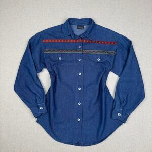 BonWorth Western Denim Shirt Embroidered Yoke Long Sleeve Blue Button Up